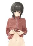  1girl absurdres black_eyes black_hair commentary_request disuto fubuki_(kancolle) highres jacket kantai_collection long_hair looking_at_viewer low_ponytail navel out-of-frame_censoring ponytail red_jacket short_ponytail sidelocks solo track_jacket upper_body 