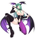  1girl :d aqua_hair ass bare_shoulders bdsm blue_eyes boots breasts breasts_outside cleavage commentary_request detached_sleeves dominatrix eyepatch fang head_wings high_heels highres kneeling long_hair looking_at_viewer morrigan_aensland navel nipples open_mouth pantyhose photoshop_(medium) purple_legwear revealing_clothes simple_background smile solo teeth tetsu_(kimuchi) thigh_boots thighhighs tongue tongue_out vampire_(game) whip white_background wings 