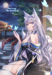  1girl animal_ear_fluff animal_ears anniversary azur_lane bangs bare_shoulders blue_butterfly breasts choker commentary_request floral_print fox_ears hair_between_eyes hair_ornament hand_up japanese_clothes kimono kitsune koyukomu large_breasts looking_at_viewer moon multiple_tails night obi off-shoulder_kimono parted_lips purple_eyes purple_hair sash shinano_(azur_lane) sitting solo tail thighhighs white_legwear 