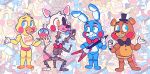  2020 animatronic anthro avian bird black_nose blue_body blue_eyes blue_fur blue_tongue bow brown_body brown_fur buckteeth canid canine chibi chicken claws clothing cupcake cupcake_(fnaf) eyelashes feathers female female_(lore) fingers five_nights_at_freddy&#039;s five_nights_at_freddy&#039;s_2 food fox fur galliform gallus_(genus) gloves green_eyes guitar half-closed_eyes handwear head_tuft hi_res holding_object lagomorph leporid lipstick long_ears machine makeup male male_(lore) mammal mangle_(fnaf) microphone musical_instrument narrowed_eyes phasianid pink_body pink_cheeks pink_claws pink_fur pink_inner_ear plucked_string_instrument rabbit red_cheeks robot standing string_instrument teeth toe_claws tongue toy_bonnie_(fnaf) toy_chica_(fnaf) toy_freddy_(fnaf) tuft ursid video_games waackery white_body white_fur white_inner_ear yellow_body yellow_eyes yellow_feathers yellow_fur 