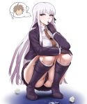  1boy 1girl ? akisora ass bangs black_gloves black_panties black_ribbon blunt_bangs boots braid breasts brown_hair brown_neckwear cameltoe collared_shirt commentary_request cum cum_on_body cum_on_clothes cum_on_upper_body danganronpa danganronpa_1 eyebrows_visible_through_hair facing_viewer female_pubic_hair finger_in_mouth full_body gloves hair_ornament hair_ribbon high_heels highres jacket kirigiri_kyouko knee_boots large_breasts layered_sleeves long_hair long_sleeves naegi_makoto necktie o_o open_clothes open_jacket panties pubic_hair purple_eyes purple_footwear purple_jacket purple_skirt pussy_peek ribbon shirt short_hair silver_hair single_braid skirt solo_focus squatting thighs thought_bubble underwear used_tissue white_background white_shirt wing_collar 
