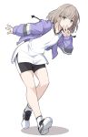  1girl bangs bike_shorts black_shorts blue_eyes blush breasts closed_mouth full_body grey_hair idolmaster idolmaster_shiny_colors jacket legs long_sleeves looking_at_viewer open_clothes open_jacket purple_jacket serizawa_asahi shirt shiseki_hirame shoes short_hair shorts simple_background small_breasts smile sneakers w white_background white_shirt 