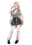  1girl adapted_costume black_skirt blonde_hair blush breasts brown_eyes cleavage clothes_around_waist covered_nipples dress_shirt facial_mark forehead_mark full_body highres large_breasts long_hair looking_at_viewer loose_socks low_twintails mary_janes mature naruto naruto_(series) parted_lips red_nails school_uniform shirt shoes short_sleeves skirt smile socks solo sweater sweater_around_waist tawashi1623 tsunade twintails v white_legwear 