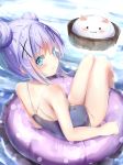  1girl :3 angora_rabbit animal bangs bare_arms bare_shoulders blue_eyes blue_hair blue_swimsuit blush breasts bunny closed_mouth commentary_request covered_navel double_bun eyebrows_visible_through_hair gochuumon_wa_usagi_desu_ka? hair_between_eyes hair_ornament highres innertube kafuu_chino looking_at_viewer looking_back na!?_(naxtuyasai) one-piece_swimsuit polka_dot school_swimsuit sidelocks small_breasts swimsuit tippy_(gochiusa) water x_hair_ornament 