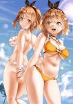  2girls ass atelier_(series) atelier_ryza atelier_ryza_2 back bangs bare_shoulders bikini black_ribbon blue_sky blush braid breasts brown_eyes brown_hair cleavage closed_mouth collarbone dual_persona earrings hair_ornament hairclip hat holding_hands interlocked_fingers jewelry large_breasts looking_at_viewer looking_to_the_side multiple_girls navel necklace open_mouth reisalin_stout ribbon short_hair side_braid sky smile swimsuit thighs white_bikini yellow_bikini zasshu 