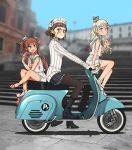  3girls :d alternate_costume annin_musou black_legwear black_skirt blonde_hair blush bow brown_eyes brown_hair collarbone dress eyebrows_visible_through_hair fang food grecale_(kantai_collection) green_eyes ground_vehicle hair_between_eyes hair_bow highres holding holding_food kantai_collection libeccio_(kantai_collection) long_hair long_sleeves motor_vehicle motorcycle multiple_girls open_mouth pantyhose pince-nez pink_bow pleated_skirt roma_(kantai_collection) sailor_collar sailor_dress scooter short_hair skirt sleeveless sleeveless_dress smile sweater twintails vespa white_dress white_sailor_collar white_sweater 