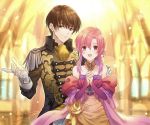  1boy 1girl bare_shoulders brown_eyes brown_hair couple ethlyn_(fire_emblem) fire_emblem fire_emblem:_genealogy_of_the_holy_war gloves hanasaki_komugi hands_together hetero open_hand open_mouth pink_eyes pink_hair quan_(fire_emblem) smile white_gloves 