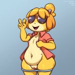  1:1 2020 accessory animal_crossing anthro black_nose blue_clothing blue_underwear canid canine canis clothed clothing digital_media_(artwork) domestic_dog eyewear female flat_chested frumples fur genitals hair hair_accessory hair_bell isabelle_(animal_crossing) mammal multi_nipple multicolored_body multicolored_fur nintendo nipples nude open_clothing open_mouth open_shirt open_topwear panties panties_down peace_symbol pink_clothing pink_shirt pink_topwear pussy shih_tzu shirt signature simple_background slightly_chubby solo sunglasses thick_thighs topwear toy_dog two_tone_body two_tone_fur underwear underwear_down video_games wide_hips yellow_body yellow_fur 