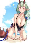  1girl :o absurdres akari_(baffu) all_fours baffu beach bikini blue_sky breasts cloud collarbone commentary_request crab day eyebrows_visible_through_hair fingernails green_hair hair_ornament highres horns kneeling large_breasts looking_at_animal nail_polish ocean original outdoors pointy_ears red_eyes red_horns red_nails sand side-tie_bikini sky solo swimsuit 