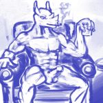  1:1 alcohol anthro balls beverage chair cigar furniture genitals hi_res humanoid_genitalia humanoid_penis male mammal muscular muscular_anthro muscular_male nipples nude number3p penis rhinocerotoid sitting smoke smoking solo 