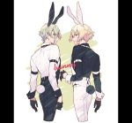  2boys animal_ears belt black_gloves black_pants blonde_hair bunny_boy bunny_ears bunny_tail collared_shirt cropped_legs english_text eyes_visible_through_hair from_behind gloves green_hair higekiri_(touken_ranbu) hizamaru_(touken_ranbu) kuroemon looking_back male_focus multiple_boys pants shirt smile tail touken_ranbu waistcoat white_pants yellow_eyes 