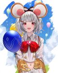  1girl :d absurdres animal_ears balloon bangs betabeet blue_sky blunt_bangs blush bow bowtie cloud collared_shirt day eyebrows_visible_through_hair fake_animal_ears gem granblue_fantasy hair_ornament hairband hairclip heart highres long_sleeves mouse_ears navel open_mouth outdoors red_bow red_eyes red_hairband red_neckwear shirt short_hair silver_hair sky smile solo striped striped_bow upper_body vikala_(granblue_fantasy) white_shirt 