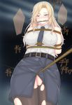  1girl arms_behind_back bdsm belt belt_buckle black_belt black_legwear black_neckwear black_skirt blonde_hair blush bondage bound bound_arms breast_bondage breasts buckle cloth_gag dress_shirt furaifish gag gagged grey_eyes highres hornet_(kantai_collection) improvised_gag kantai_collection large_breasts long_hair necktie nose_blush pantyhose pencil_skirt rope rope_walking shibari shibari_over_clothes shirt skirt sleeveless sleeveless_shirt solo torn_clothes torn_legwear white_shirt 