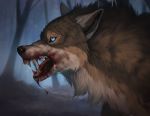  arylena blood blue_eyes bodily_fluids canid canine feral forest hi_res male mammal rakan scar snarling solo tree were werecanid werecanine werewolf 