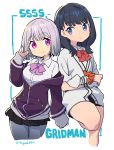  2girls black_hair blue_eyes copyright_name crossed_arms looking_to_the_side mago medium_hair multiple_girls purple_eyes purple_hair salute school_uniform shinjou_akane short_hair ssss.gridman takarada_rikka v vulcan_salute 