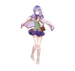  1girl absurdres bangs belt_pouch blush book boots cape capelet circlet commentary_request eyebrows_visible_through_hair fire_emblem fire_emblem:_path_of_radiance fire_emblem_heroes hand_on_own_chest hand_up hanekoto highres ilyana_(fire_emblem) jewelry knee_boots long_hair looking_at_viewer miniskirt official_art parted_lips pouch purple_eyes purple_hair purple_skirt shiny shiny_hair short_sleeves simple_background skirt solo standing tied_hair white_background white_footwear 