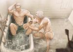  2boys abs arm_up bath bathing bathtub closed_eyes condensation dante_(devil_may_cry) devil_may_cry devil_may_cry_5 drain_(object) eyebrows_visible_through_hair eyes_visible_through_hair facial_hair fulushouxijixiangcha hair_slicked_back holding indoors male_focus multiple_boys muscle navel nipples nude partially_submerged siblings soap soap_bubbles steam stubble tile_floor tile_wall tiles toothbrush towel vergil water wet white_hair 