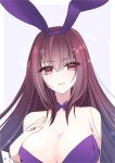  1girl bangs bare_shoulders blush breasts cleavage collarbone detached_collar eyelashes fate/grand_order fate_(series) highres large_breasts leotard long_hair looking_at_viewer parted_lips purple_hair purple_leotard red_eyes scathach_(fate)_(all) scathach_(fate/grand_order) simple_background smile sparkle suzukimadaka white_background 