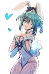  1girl ;d aile_(crossroads) animal_ears aqua_eyes aqua_hair bare_shoulders bicute_bunnies_miku blue_leotard blush breast_suppress breasts bunny_ears cleavage commentary cowboy_shot detached_collar double_bun ear_ribbon fake_animal_ears fishnet_legwear fishnets hatsune_miku heart leotard looking_at_viewer medium_breasts one_eye_closed open_mouth pantyhose simple_background sketch smile solo strapless strapless_leotard vocaloid white_background wrist_cuffs 