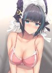  1girl animal_ears azur_lane bare_shoulders black_hair blue_eyes blush bra breasts cheshire_(azur_lane) cleavage collarbone eyebrows_visible_through_hair frills hairband highres houraku large_breasts looking_at_viewer maid_headdress multicolored_hair pink_bra ribbon sidelocks simple_background solo streaked_hair underwear underwear_only upper_body 