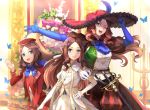  3girls bangs blue_eyes bow breasts brown_hair bug butterfly dress fate/grand_order fate_(series) flower forehead gloves hair_bow hair_ornament hat hat_feather hat_ornament hsin insect leonardo_da_vinci_(fate/grand_order) leonardo_da_vinci_(rider)_(fate) long_hair looking_at_viewer multiple_girls multiple_persona open_mouth parted_bangs ponytail puff_and_slash_sleeves puffy_short_sleeves puffy_sleeves rapier ribbon short_hair short_sleeves skirt small_breasts smile sword weapon 