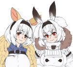  2girls :3 armadillo_ears armadillo_shell blush breasts brown_eyes chest_strap coat eyebrows_visible_through_hair hairband kahill large_breasts last_origin looking_at_viewer medium_hair multiple_girls oppai_loli red_eyes saetti simple_background smile t-13_alvis tareme trait_connection white_background white_hair 