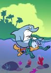  anatid anseriform anthro avian bird bottomwear carrying_another clothing duck duo feral fish hi_res juneduck21 male marine plucky_duck riding_on_back shark shorts swimming swimming_trunks swimwear tiny_toon_adventures underwater warner_brothers water young 