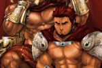  2boys abs armor bara bare_chest cape chain chained chest collar elbow_rest facial_hair forked_eyebrows goatee holding holding_chain male_focus manly masateruteru multiple_boys muscle nipples original pauldrons pectorals red_eyes red_hair short_hair shoulder_armor sideburns vambraces 