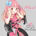  1girl :d aikatsu!_(series) aikatsu_friends! bangs bicycle bike_jersey blunt_bangs blush bow brown_eyes chocomoch commentary_request eyebrows_visible_through_hair gradient_hair grey_background ground_vehicle hair_bow hair_over_shoulder hands_on_own_face highres italian_flag italian_text long_hair looking_at_viewer multicolored_hair on_vehicle open_mouth orange_hair pink_hair race_vehicle round_teeth short_sleeves simple_background smile solo sportswear teeth tour_de_france translation_request upper_teeth yuuki_aine 
