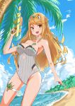  1girl :d absurdres aotsuba bangs bare_arms bare_legs bare_shoulders beach blonde_hair blue_sky blush breasts chest_jewel choker cowboy_shot day dutch_angle earrings eyebrows_visible_through_hair groin highres holding holding_water_gun jewelry long_hair medium_breasts mythra_(xenoblade) one-piece_swimsuit open_mouth outdoors palm_tree sky smile solo strapless strapless_swimsuit swept_bangs swimsuit thigh_strap tree upper_teeth water_gun white_choker white_swimsuit xenoblade_chronicles_(series) xenoblade_chronicles_2 yellow_eyes 