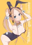  1girl abigail_williams_(fate/grand_order) animal_ears arched_back ass bangs bare_shoulders black_bow black_leotard blonde_hair blue_eyes blush bow bowtie breasts bunny_ears bunny_pose bunny_tail bunnysuit character_name collarbone detached_collar earrings fake_animal_ears fate/grand_order fate_(series) forehead hands_up highleg highleg_leotard jewelry kopaka_(karda_nui) leotard long_hair looking_at_viewer multiple_bows open_mouth orange_bow parted_bangs polka_dot polka_dot_bow small_breasts tail thighs twintails wrist_cuffs yellow_background 