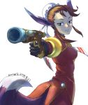  1girl absurdres animal_ears breasts breath_of_fire breath_of_fire_iv brown_hair bun_cover closed_mouth dress eyeshadow gloves gun highres looking_at_viewer makeup short_hair simple_background solo tail ursula_(breath_of_fire) weapon white_background 