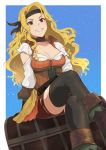  1girl absurdres alternate_costume ao_(aocooler) black_legwear blonde_hair boots breasts brigid_(fire_emblem) brown_eyes choker cleavage commission crossed_legs dress fire_emblem fire_emblem:_genealogy_of_the_holy_war fire_emblem_heroes headband highres long_hair looking_at_viewer pirate shorts shorts_under_skirt simple_background sitting smile solo solo_focus thighhighs torn_clothes torn_legwear treasure_chest wavy_hair 