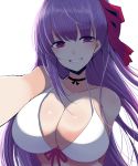  1girl bangs bare_shoulders bb_(fate)_(all) bb_(fate/extra_ccc) bikini blush breasts choker cleavage collarbone fate/extra fate/extra_ccc fate_(series) grin hair_ribbon han_(jackpot) large_breasts long_hair looking_at_viewer outstretched_arm purple_eyes purple_hair ribbon self_shot simple_background smile swimsuit very_long_hair white_background white_bikini 
