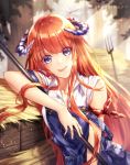  1girl :p arknights artist_name bagpipe_(arknights) bambi_nano bangs blush bug dated dragon_horns dragonfly hay highres holding horns insect leaning_to_the_side long_hair looking_at_viewer off_shoulder orange_hair overalls pitchfork purple_eyes shirt signature smile solo tongue tongue_out very_long_hair white_shirt 