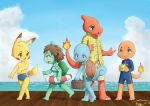  anthro beach bottomwear bulbasaur charmander charmeleon clothing female fultemounte group hi_res male nintendo pikachu pok&eacute;mon pok&eacute;mon_(species) sea seaside shorts squirtle swimming swimming_trunks swimwear video_games water young 