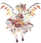  1girl acorn autumn autumn_leaves blonde_hair boots bow brown_legwear expressionless flandre_scarlet food food_themed_clothes food_themed_hair_ornament frilled_skirt frills fruit full_body grape_hair_ornament grapes green_ribbon hair_ornament hair_ribbon hat highres lolita_fashion long_hair long_sleeves mob_cap mushroom nikorashi-ka persimmon plaid plaid_skirt plaid_vest plant ponytail red_eyes ribbon side_ponytail skirt skirt_lift touhou vest vines white_background wings 