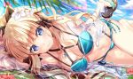  1girl bangs bikini black_bow blonde_hair blue_bikini blue_eyes bow breasts criss-cross_halter elf eyebrows_visible_through_hair eyes_visible_through_hair flip-flops flower fujima_takuya hair_bow hair_flower hair_ornament halterneck holding in_water large_breasts long_hair looking_at_viewer lying navel on_side pointy_ears ponytail princess_connect! princess_connect!_re:dive sandals saren_(princess_connect!) sheer_clothes side-tie_bikini smile solo swimsuit 