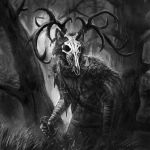  1:1 2020 5_fingers alaiaorax anthro clothed clothing detailed_background digital_media_(artwork) fingers forest grass hi_res holding_knife knife male monochrome monster outside solo tree 