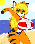  anthro beach big_breasts bikini breasts clothing felid female hair hi_res huge_breasts mammal pantherine seaside smile solo sun swimwear tabykat tabytha_starling tiger 