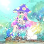  1girl anzuni_(marblefrog) blue_eyes blush breasts breath_of_fire breath_of_fire_ii bunny eating hat highres long_hair mushroom_girl pink_hair spar 