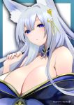  1girl animal_ear_fluff animal_ears artist_name azur_lane bangs bare_shoulders blue_border blue_eyes blue_kimono blunt_bangs blush border breasts cleavage collarbone commentary_request detached_collar drop_shadow eyebrows_behind_hair fox_ears hachimitsu_hinako hair_between_eyes hair_intakes hair_ornament hand_up head_tilt highres huge_breasts japanese_clothes kimono long_hair looking_at_viewer mole mole_under_eye off-shoulder_kimono parted_lips print_kimono shinano_(azur_lane) sidelocks silver_hair simple_background solo unmoving_pattern upper_body white_background 