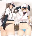  3girls aqua_eyes arm_behind_back arms_up ass ass_visible_through_thighs bangs baseball_cap baseball_mitt baseball_uniform belt belt_buckle black_hair black_panties blonde_hair blue_sky breasts brown_hair bubble_blowing buckle cameltoe chain-link_fence chewing_gum cloud covered_nipples day eyebrows_visible_through_hair fence field frown grey_eyes halter_top halterneck hat highres impossible_clothes large_breasts layered_shirt light loading_screen long_hair looking_to_the_side monochrome_background multiple_girls nakamura_yukitoshi navel original outdoors panties pine_tree ponytail shirt shorts side-tie_panties sideboob sky sportswear standing striped striped_panties thighhighs thighs tree underwear viewfinder white_footwear white_legwear white_shirt white_shorts 