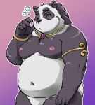  2020 anthro belly black_body black_fur exe_exem fur giant_panda humanoid_hands kemono male mammal moobs navel nipples overweight overweight_anthro overweight_male solo tired ursid white_body white_fur 