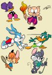  anatid anseriform anthro avian bird bottomwear canid canine clothing domestic_pig duck female fox group hi_res juneduck21 lagomorph leporid male mammal mouse murid murine olympic rabbit rodent shorts sportswear suid suina sus_(pig) warner_brothers 