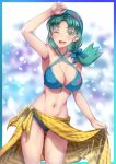  1girl ;d alternate_costume alternate_hairstyle arm_up armpits bandana bangs bare_shoulders bikini blue_bandana blue_bikini blue_eyes blue_hair blush breasts cleavage collarbone commentary_request cowboy_shot criss-cross_halter earrings eyebrows_visible_through_hair groin halterneck highres jewelry kris_(pokemon) large_breasts long_hair looking_at_viewer low_ponytail midriff navel one_eye_closed open_mouth parted_bangs pokemon pokemon_(game) pokemon_gsc sarong sarong_lift signature skeb_commission smile solo standing swimsuit takecha upper_teeth white_background 