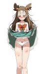  1girl blush brown_eyes brown_hair bruise commentary_request crying crying_with_eyes_open dirty dress dress_lift green_dress injury jasmine_(pokemon) legs lifted_by_self long_hair navel panties pokemon pokemon_(game) pokemon_hgss simple_background sleeves_past_elbows solo standing tears tsukishiro_saika underwear white_background white_panties 