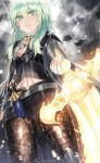  1girl absurdres armor artist_name bangs black_armor black_cape black_shirt black_shorts blush breasts brown_legwear byleth_(fire_emblem) byleth_(fire_emblem)_(female) cape closed_mouth cloud cloudy_sky commentary cowboy_shot dagger emblem eyebrows_visible_through_hair fire_emblem fire_emblem:_three_houses glowing glowing_weapon green_eyes green_hair hair_between_eyes highres holding holding_sword holding_weapon kanniiepan lightning long_hair looking_at_viewer medium_breasts navel navel_cutout pantyhose patterned_clothing rain sheath sheathed shirt short_shorts shorts sidelocks sky solo standing sword sword_of_the_creator vambraces watermark weapon wet wet_clothes wet_hair 