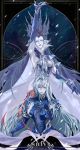  2girls absurdres alternate_form arm_up blue_eyes blue_gloves blue_skin breasts cape character_name copyright_name crown final_fantasy final_fantasy_xiv gloves hair_ribbon highres long_hair looking_at_viewer looking_up multiple_girls parted_lips ribbon ryne shiva_(final_fantasy) silver_eyes silver_hair tladpwl03 very_long_hair 