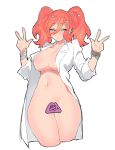  1girl alternate_hairstyle bracelet breasts censored coat collarbone curvy ditto double_w eyebrows_visible_through_hair gen_1_pokemon hair_between_eyes heart jewelry labcoat large_breasts long_hair looking_at_viewer naked_labcoat navel ooshio7734 orange_hair pokemon pokemon_(game) pokemon_swsh simple_background sketch solo sonia_(pokemon) standing twintails w white_background white_coat 